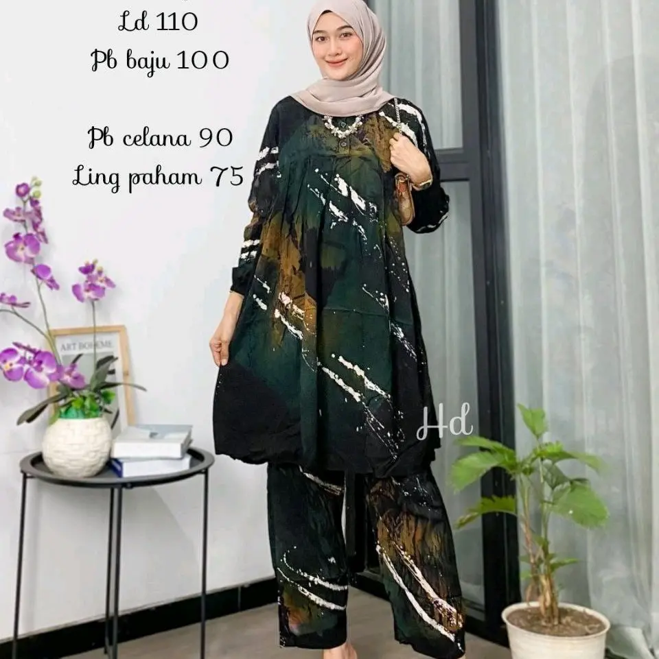 Setelan one set twill tunik wanita Muslim ibu menyusui Variasi Lengan Karet