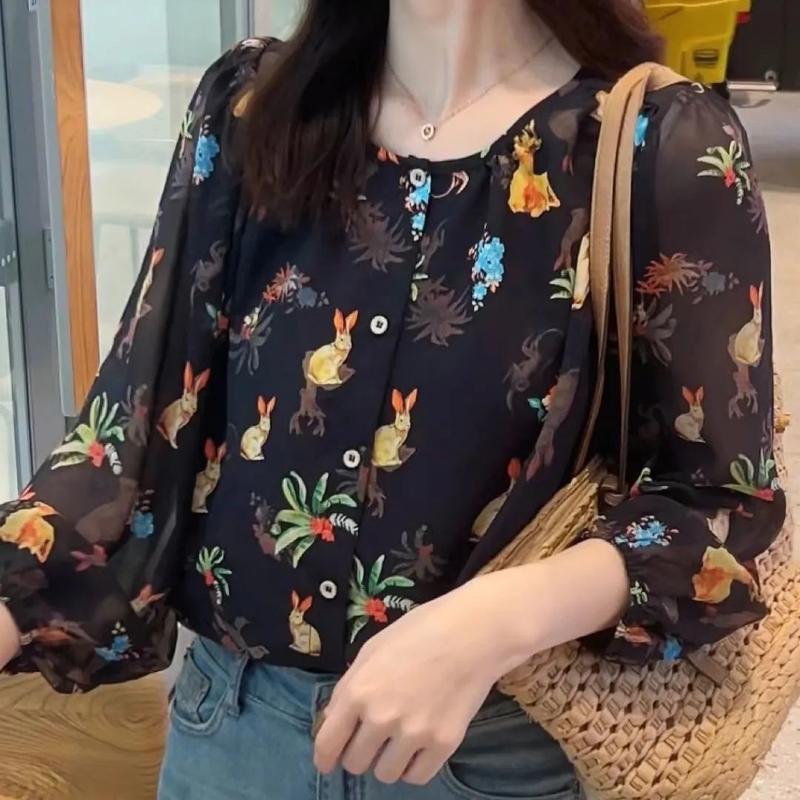Áo Sơ Mi Hoa Dài Tay, Phong Cách Đất Bị Bỏ Rơi, Ngọt Ngào Và Tự Nhiên, Thời Trang Hồi Giáo, Phong Cách Hàn Quốc, Thanh Lịch, Ngoại Cỡ, Thường Ngày Và Dáng Rộng Vừa Vặn, Áo Tay Bong Bóng 3
