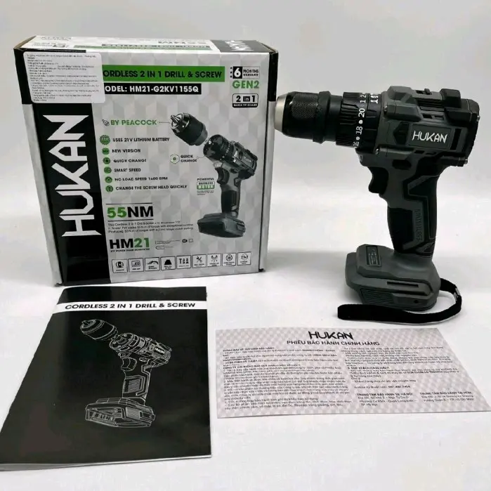 Thân máy khoan pin HUKAN 1155Q đầu 10li quick 2 trong 1 đổi đầu,3 chức năng có búa, lực siết 55Nm tặng bình giữ nhiệt búa khoan chuyên nghiệp