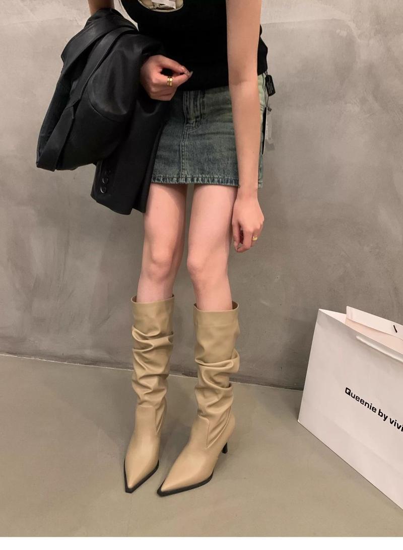 Product Introduction of 2025 Pointed Toe White High-Heeled Western Boots Female Boots New Spring Summer Slimming Pile Style Knight Spring And Autumn Boots 6
