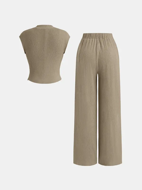Two-piece Set YOZY Women's Solid Cap Sleeve Top & Drawstring Waist Pants, Casual Fashion Cozy Top & Trousers for Daily Outdoor Wear, Ladies Summer Clothes, Womenswear 2