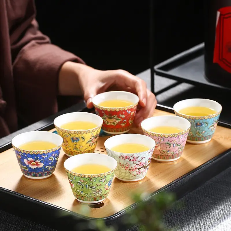 Enamel Tea Cup with Carved Design, Single Cup with Pastel Colors and Gold Trimming, Tasting Cup, Master Cup, Kung Fu Gift Tea Set