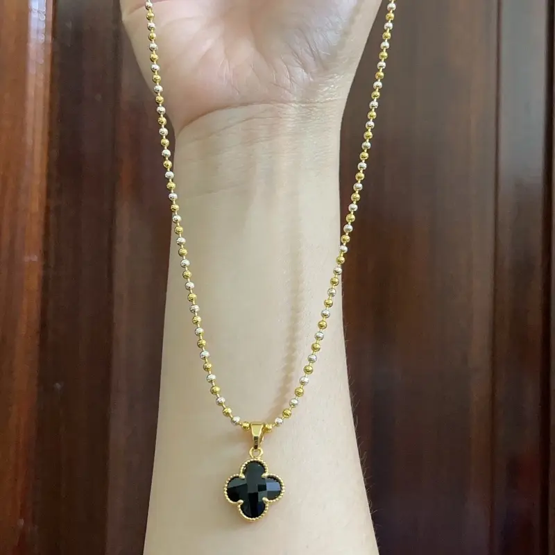 Dây bi 2 màu loại nhỏ dài45 cm mặt 4 lá hàng mạ vàng 18kara