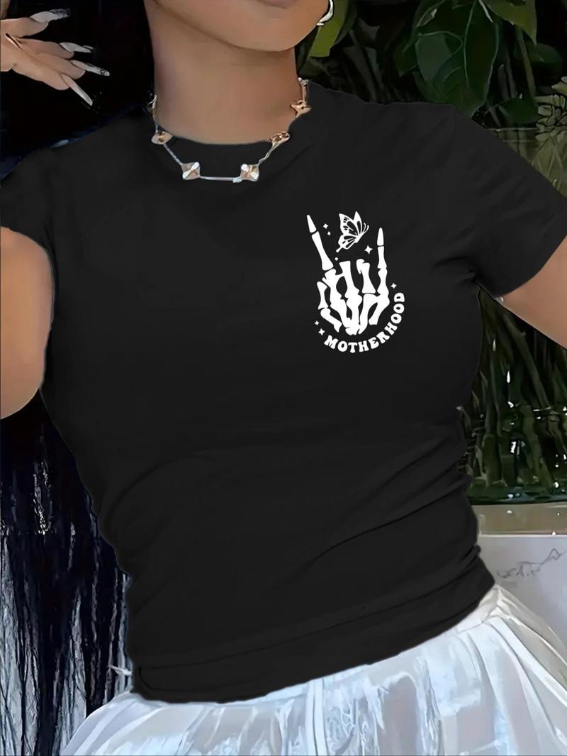 Product Introduction of Plus Size Skull & Letter Print Round Neck Tee, Plus Trendy Casual Short Sleeve Graphic T-Shirt for Daily Wear, Ladies Plus Clothing for Summer 2