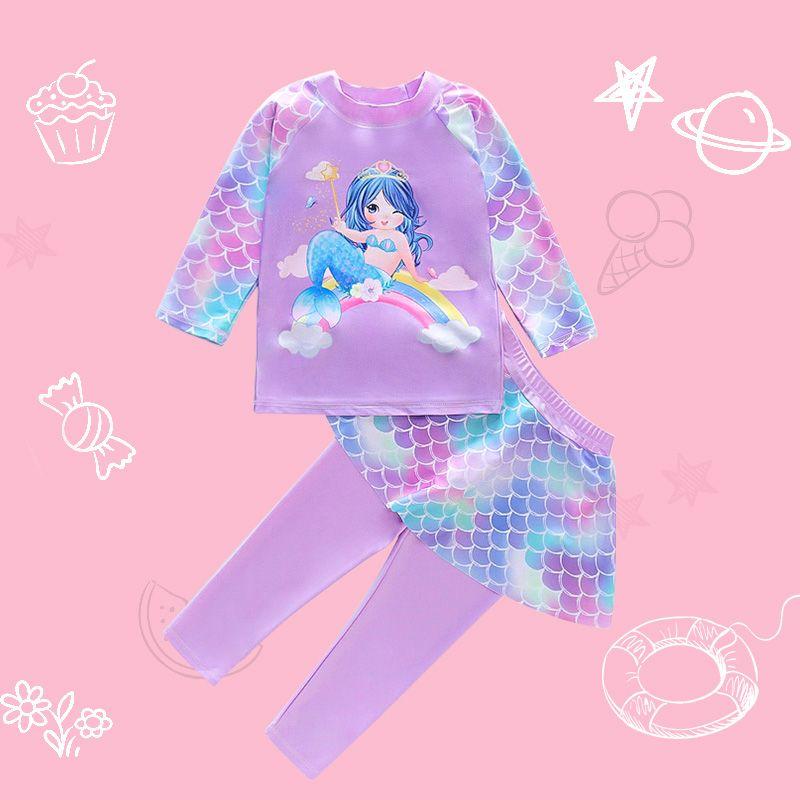 Children's Swimwear Girls New 2024 Cartoon Split Long-Sleeved Long Trousers Polyester Swimsuit Set 0