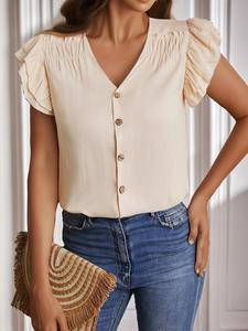 YOZY Women's Plain Layered Sleeve Button Front Blouse, Casual V Neck Ruffle Hem Top for Spring & Fall, Women's Clothes