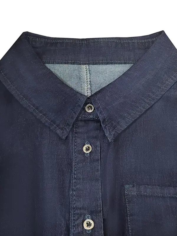 【Plus Size】 Button Front Ruched Denim Shirt Dress, Casual Long Sleeve Pocket Short Denim Dress for Spring & Fall, Women's Clothes for Daily Wear 7