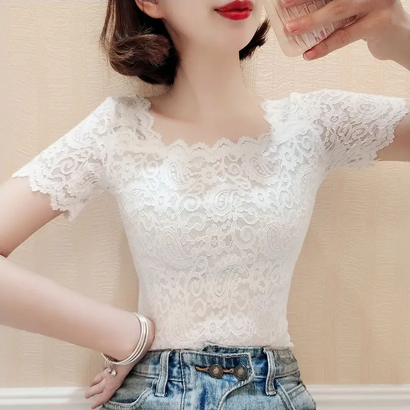 Áo Sơ Mi Ren Bên Trong, Cổ Vuông, ngắn Tay Áo, Thiết Kế Đẹp, Lưới Mỏng Vừa Vặn, Áo Xương Đòn Lộ Ra, Áo Thun Bó Sát Thanh Lịch Cho Nữ