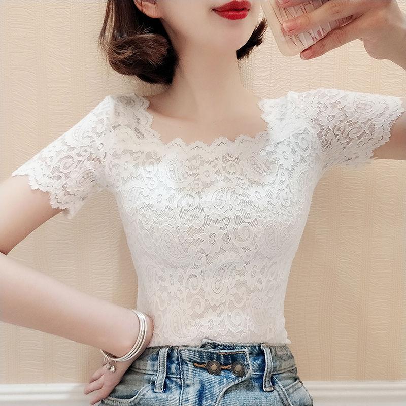 Product Introduction of Áo Sơ Mi Ren Bên Trong, Cổ Vuông, ngắn Tay Áo, Thiết Kế Đẹp, Lưới Mỏng Vừa Vặn, Áo Xương Đòn Lộ Ra, Áo Thun Bó Sát Thanh Lịch Cho Nữ 1