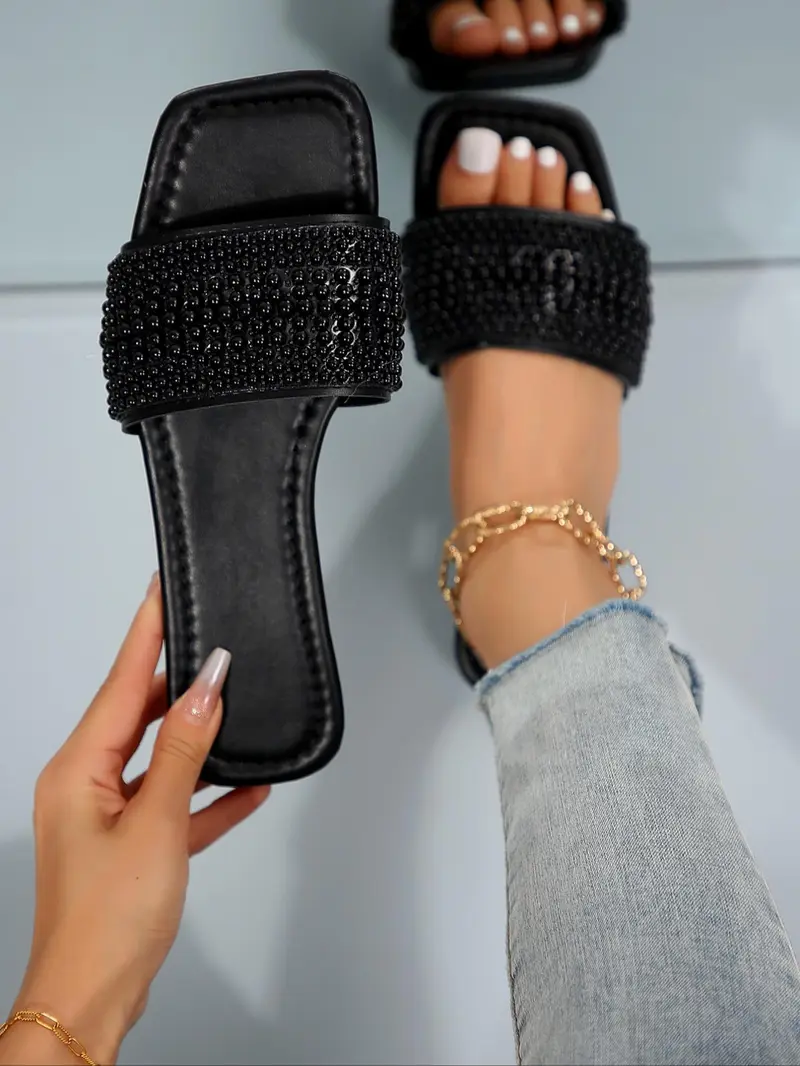 Product Introduction of Women's Fashionable Rhinestone Decorated Slide Sandals, Casual Comfortable Flat Sandals for Summer, Lightweight Breathable Shoes for Daily Wear, Girl 1
