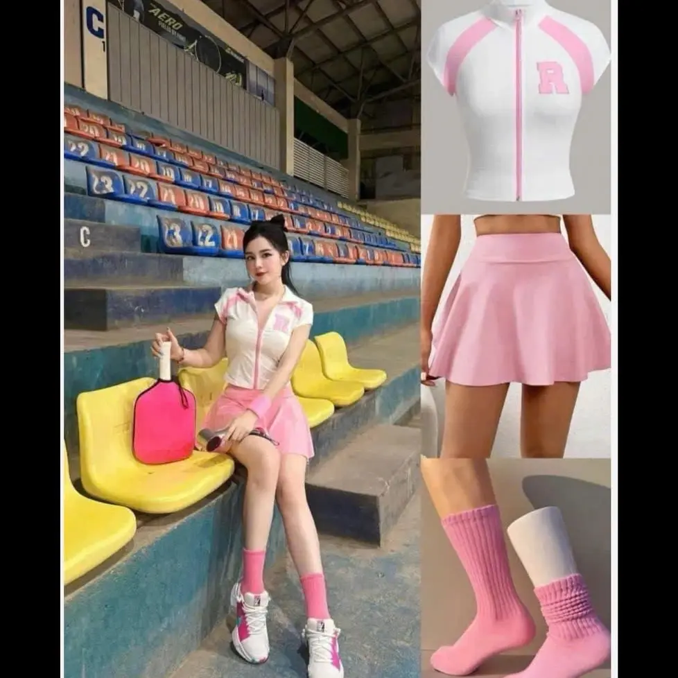 ￼[PICKLEBALL] Bộ thể thao đùi váy áo croptop trắng hồng chơi Pickleball đồ  thể