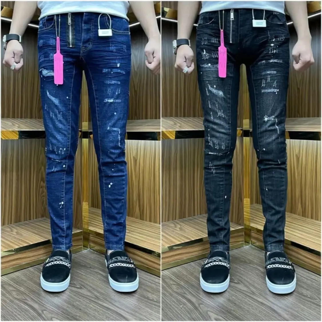 Quần Bò Jean Nam Xám Xanh Rách Khoá Lệch 4 Cúc QC