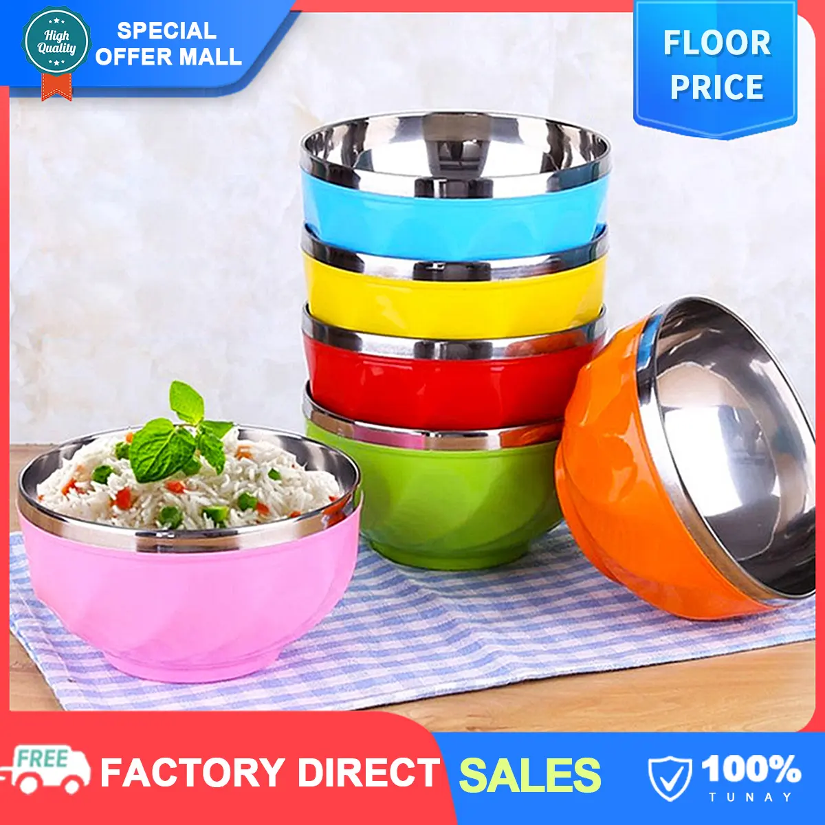 【Stainless Steel】13cm Colorful Bowls Double-Walled Anti-scalding Drop-proof Colored Coating Soup Salad Bowls Home Dinnerware Restaurant Cutlery