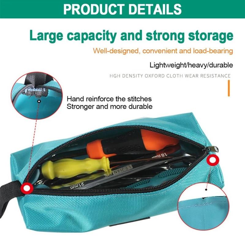 Product Introduction of Durable 1680D Oxford Canvas Tool Bag Metal Parts Loop Zipper Pouch Waterproof Hand Tool Bag Nails 18