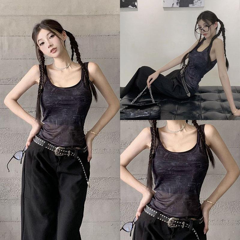 Product Introduction of Women's Summer Fitted Crop Tops Sleeveless U Neck Open Back Vintage Pattern Print Tank Tops Womenswear Check Minimalist Spaghetti Strap 27