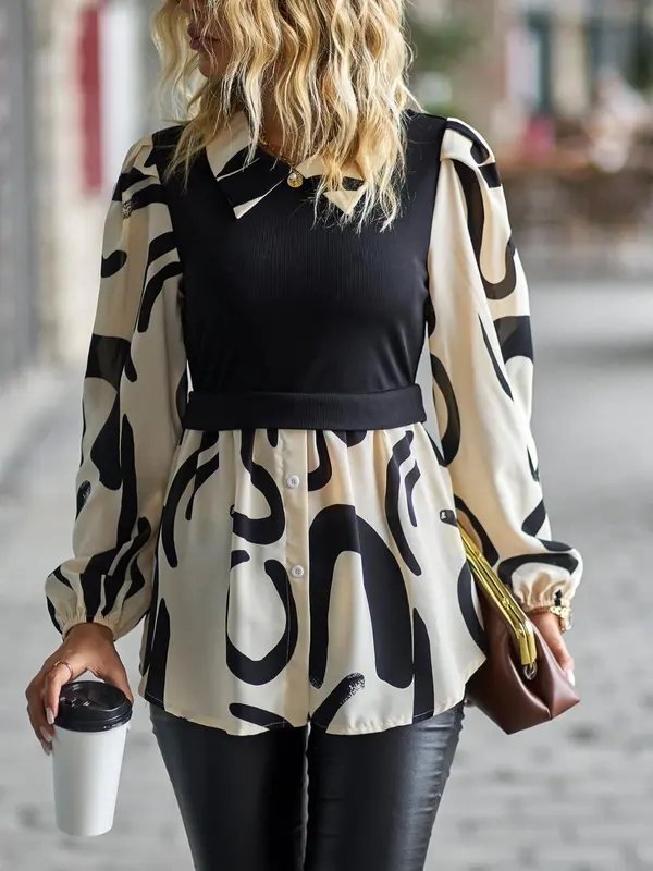 Women's All Over Print 2 in 1 Bishop Sleeve Blouse, Elegant Long Sleeve Button Front Top for Spring & Fall, Women's Clothing for Daily Wear 8