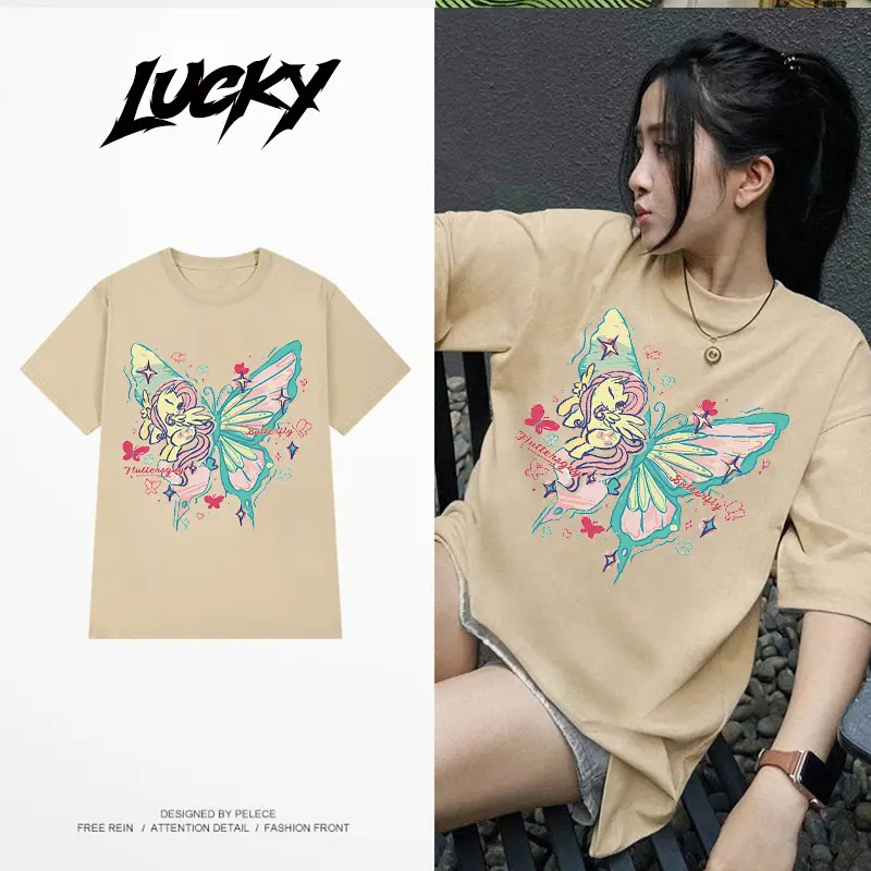 Based on summer butterfly large looseness, round collar short -sleeved T -shirt women