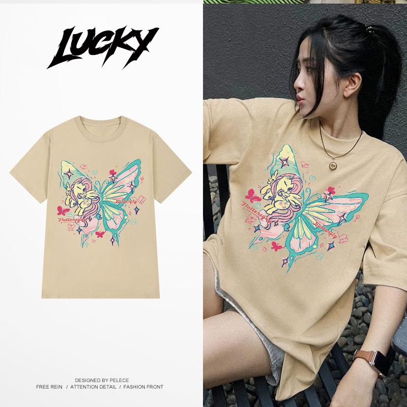 Based on summer butterfly large looseness, round collar short -sleeved T -shirt women 0