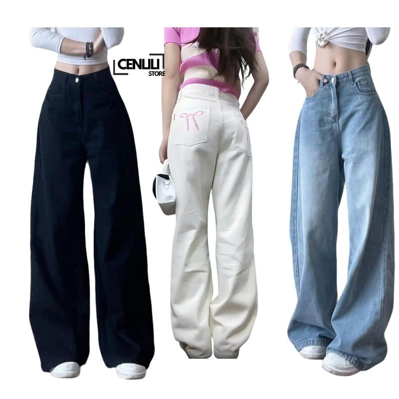 Quần jean nữ CENLILI ống suông thêu nơ vải jean mềm mịn - QD612 Women Pants Ong Đen