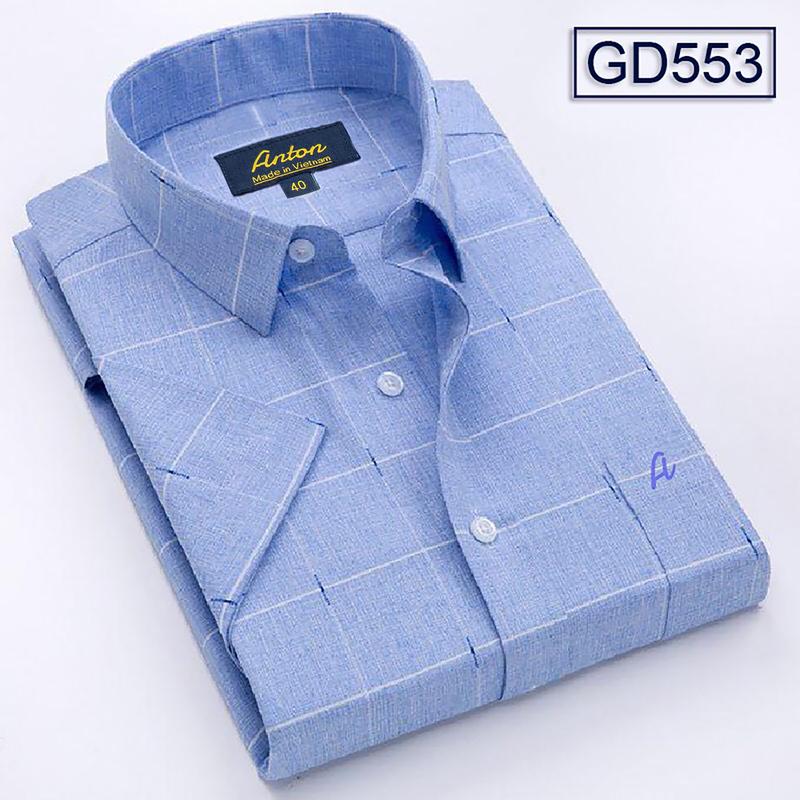 Áo Sơ Mi Nam Công Sở Trung Niên Anton Somianton Màu Xanh Dương Ngắn Tay Vải Sợi Tre Kẻ Sọc Trắng Menswear Shirt Cổ Tròn – GD553