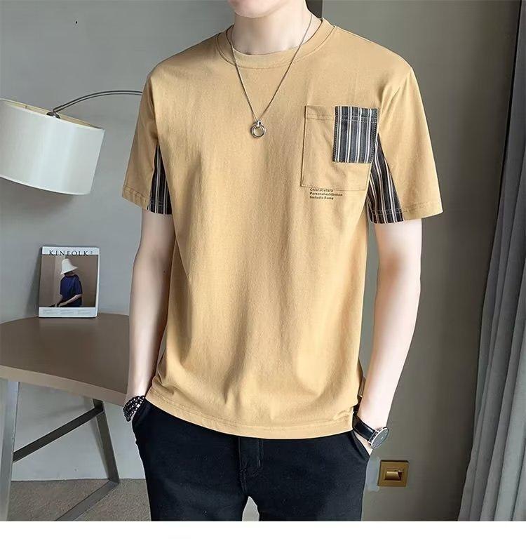 Product Introduction of Summer Men's Striped Stitching Short-Sleeved T-shirt Men's Fashion Brand Summer Pocket round Neck Half-Sleeved T-shirt Trendy Loose Top T Menswear Lingerie 6