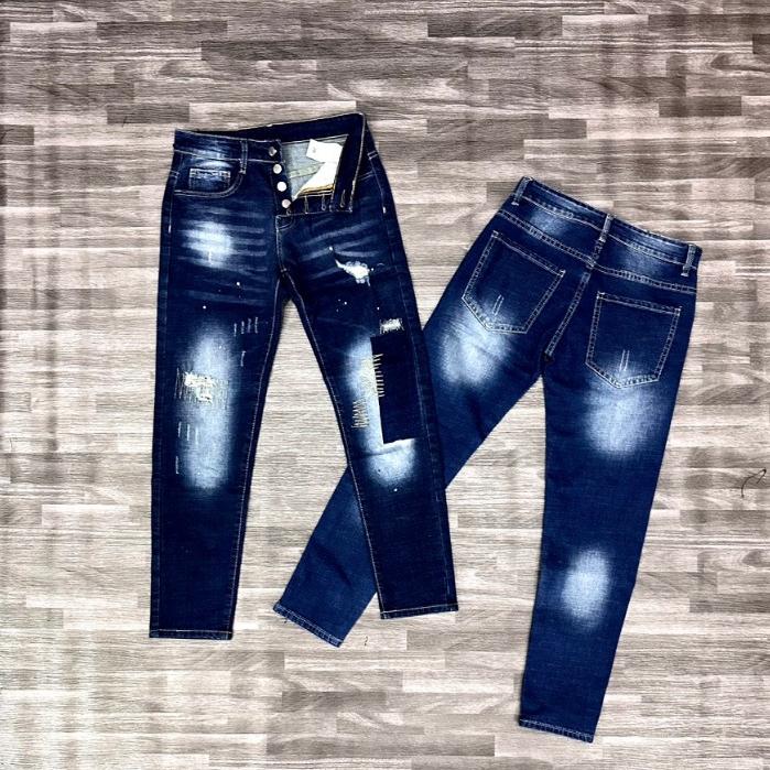 Quần jean nam boy phố cao cấp màu xanh vải chất bò co dãn phối họa tiết phong cách mẫu mới Menswear Pants 5