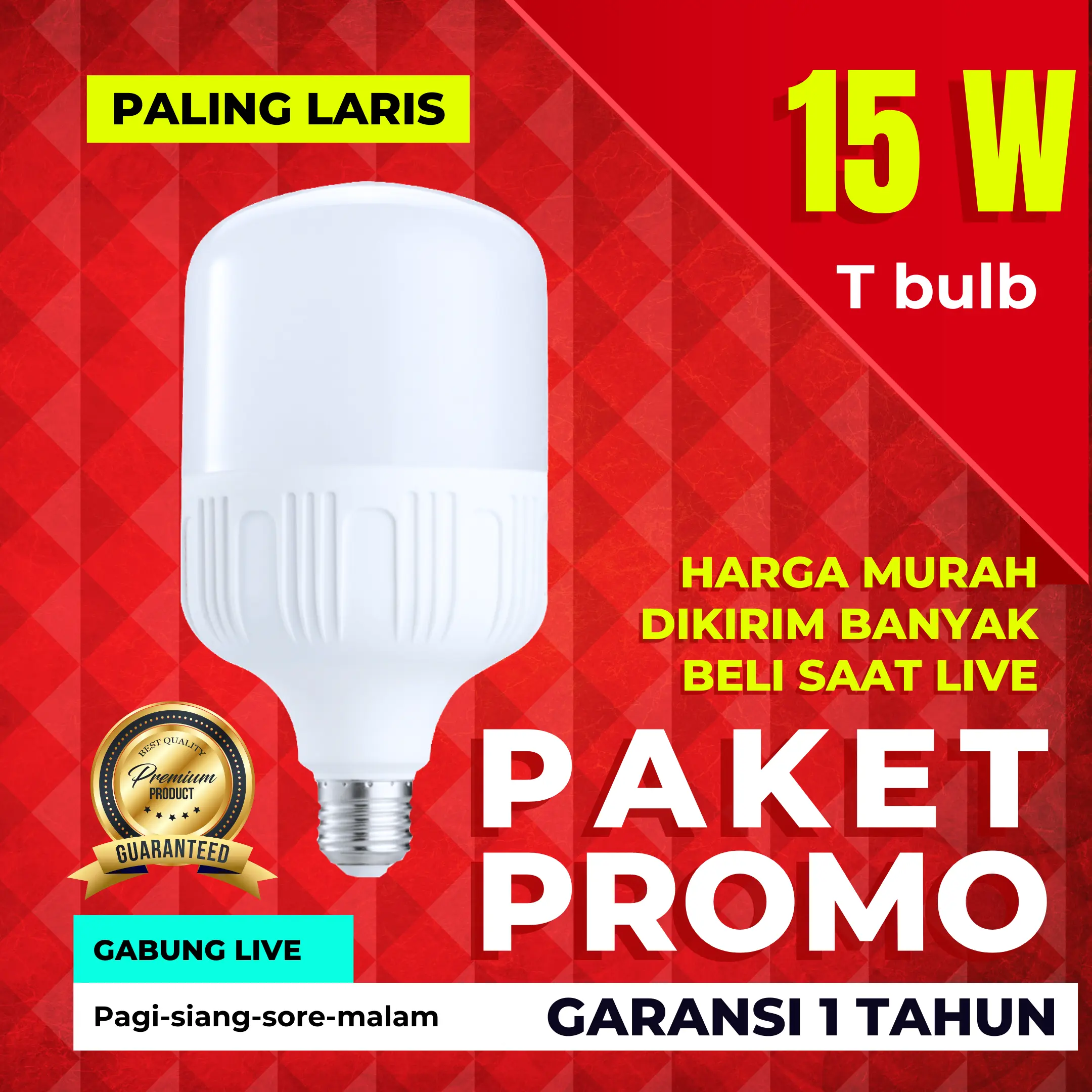 PAKET LAMPU BOHLAM LED T BULB 15 WATT 1350 lumen 6500k Cool Daylight 15.000 jam Low Voltage 85-240v Putih