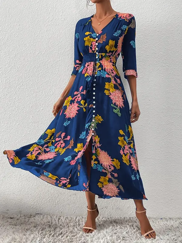 Women's Boho Floral Tied Button Front Split Long Maxi Dress, Casual Womenswear, Spring Summer Beach Vacation Half Sleeve V Neck A-line Dresses, Homecoming Dresses, Holiday Dresses, Ditsy Floral Dress 0