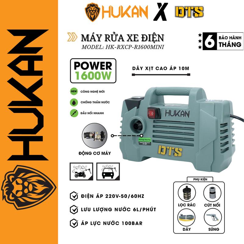 Máy rửa xe điện 1600W HUKAN HK-RXCP-R1600MINI, áp lực nước 100 bar, động cơ lõi đồng 100% | Máy xịt rửa gia đình, tưới cây, xịt rửa ô tô xe máy