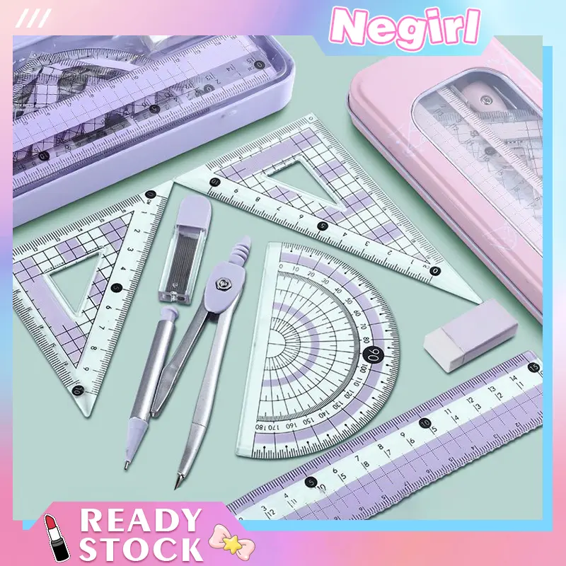 7PCS Ruler Set Triangle Ruler Protractor Rubber Compass Student Stationery School Supplies Back To School Math Supplies