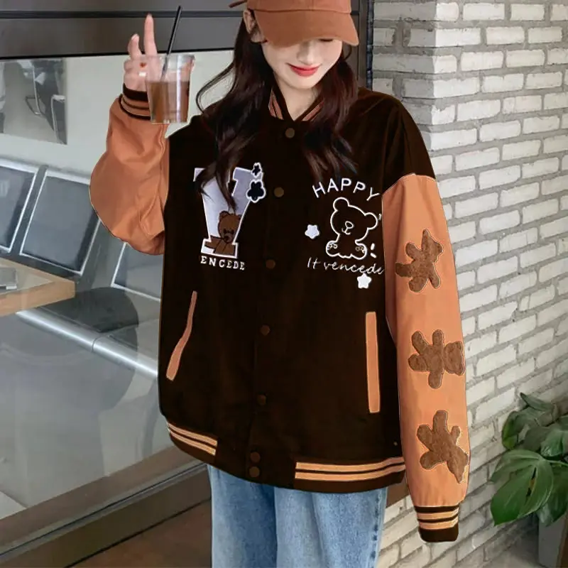 SAN (Gratis Ongkir COD) V Happy Baseball Jaket Fleece Hoodie & Outwear Fashion Wanita