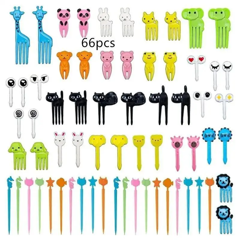 Cute Cartoon Animal Decor Fruit Fork Set, 66pcs/set Simple Mini Fruit Pick, Creative Fruit Pick for Home Kitchen Gathering Party Use, Kitchen Accessories