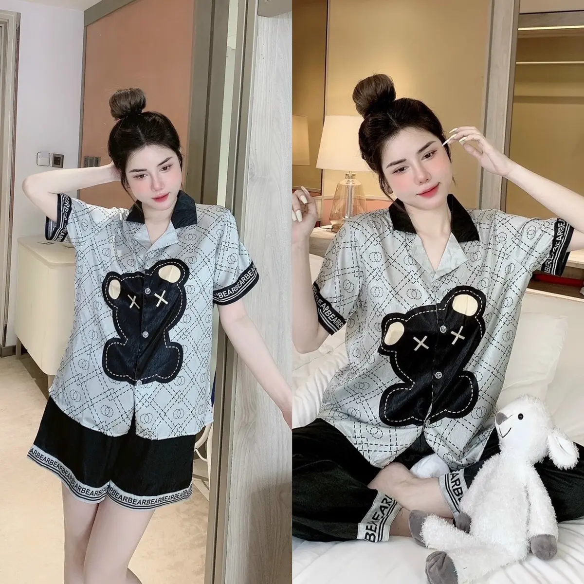 Đồ bộ mặc nhà nữ Gấu Lụa Xước Ánh Kim phom dưới 60kg Pijama Nhung Nữ  Women Áo Ngủ