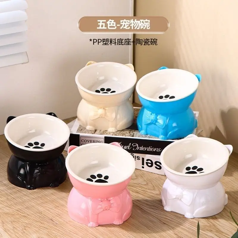 Bát Cho Mèo, Chất Liệu Gốm Sứ, Thiết Kế Chân Cao, Miệng Nghiêng, Bảo Vệ Cổ, Chống Đổ, Đường Kính Lớn, Thích Hợp Cho Mèo Và Mèo Con, Bát Đựng Thức Ăn, Chống Lật, Thiết Kế Cằm Chống Đen 6