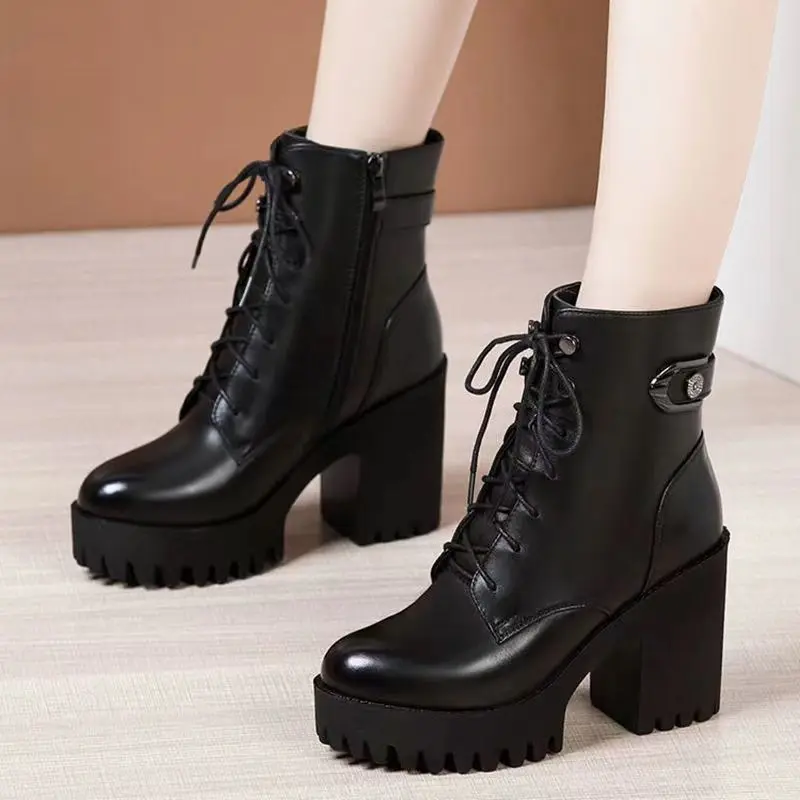 Jacket Jeans High Heel Martin Boots Women 2022 Autumn and Winter New plus Velvet Lace up Middle Boots Platform Platform Thick Bottom High Heel Boots