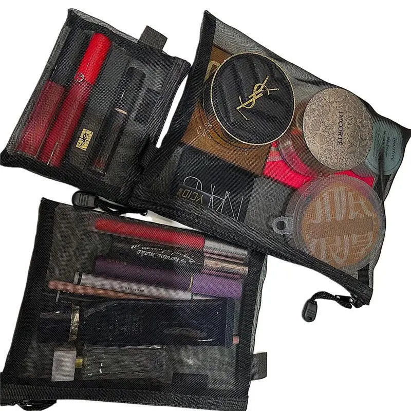 Cosmetic Small Ins Portable Large Capacity Transparent Black Mesh Storage Bag for Travel and Business Trips