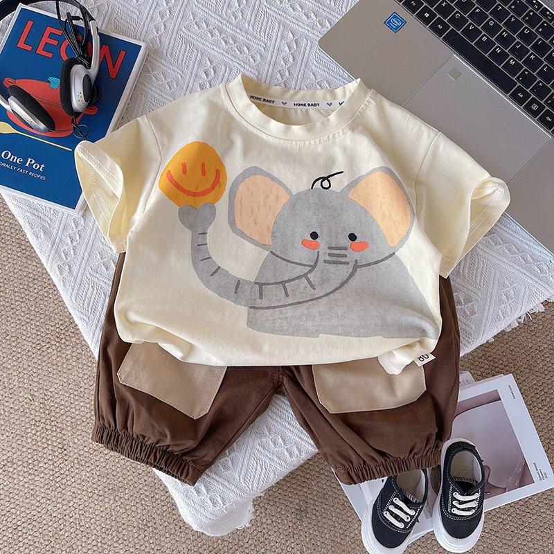 Bộ quần áo QC áo chất cotton có co giãn họa tiết CON VOI kèm quần kaki thô mỏng mát gồm áo và quần cho bé trai size 9-20kg, 9 tháng đến 5 tuổi