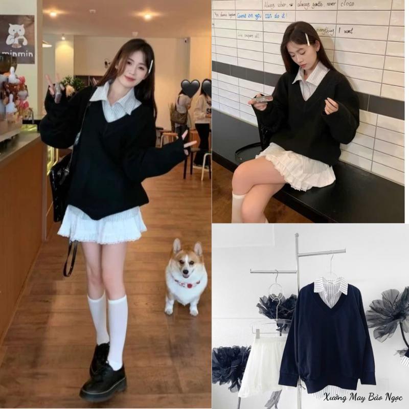  Set Đồ Nữ Áo Len Cổ Tim Mix Áo Sơ Mi Kèm Chân Váy Tiểu Thư Xinh Mê Xưởng May Bảo Ngọc 