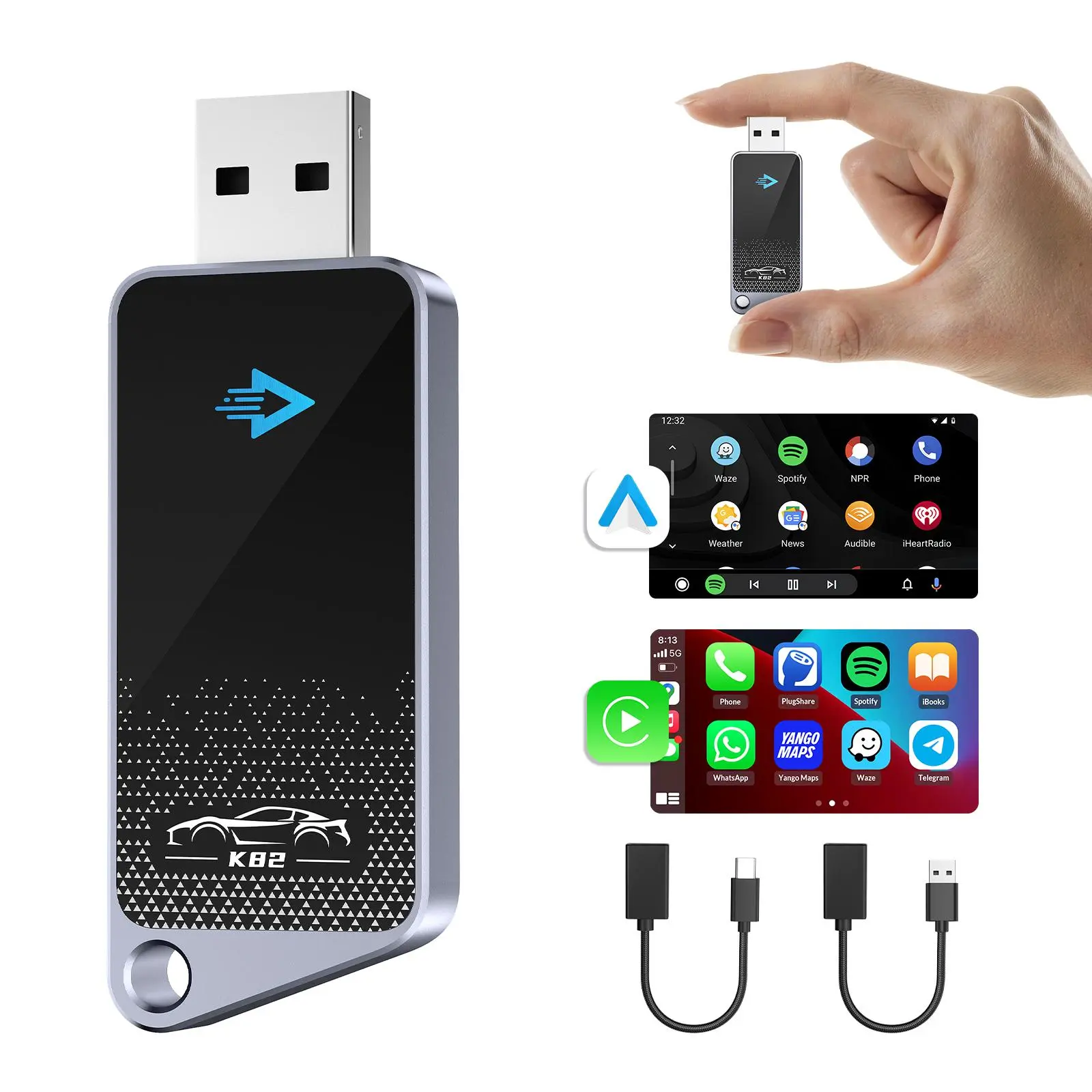 Portable Car Adapter, Plug & Play 2-in-1 Dual-System Wireless Car Adapter, Car Adapters for Wireless CarPlay & Android Auto Adapter