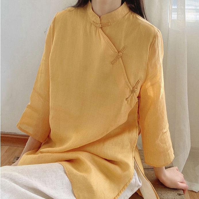 Áo Sơ Mi Mùa Hè, Phong Cách Cổ Điển Vải Bông Giả Và Vải Lanh, Thiết Kế Trung Quốc, Áo Sơ Mi Dài Trung Bình Dáng Rộng Vừa Vặn, Áo Tay Lỡ Ba Phần Tư, Dành Cho Nữ 4