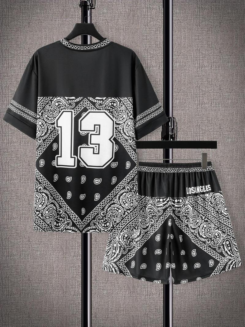 Product Introduction of 2 Piece Set Men's Letter Print V Neck Tee & Pocket Drawstring Waist Shorts Set, Casual Loose Short Sleeve T-shirt & Shorts, Two-piece Outfits For Summer Outdoor Wear 13