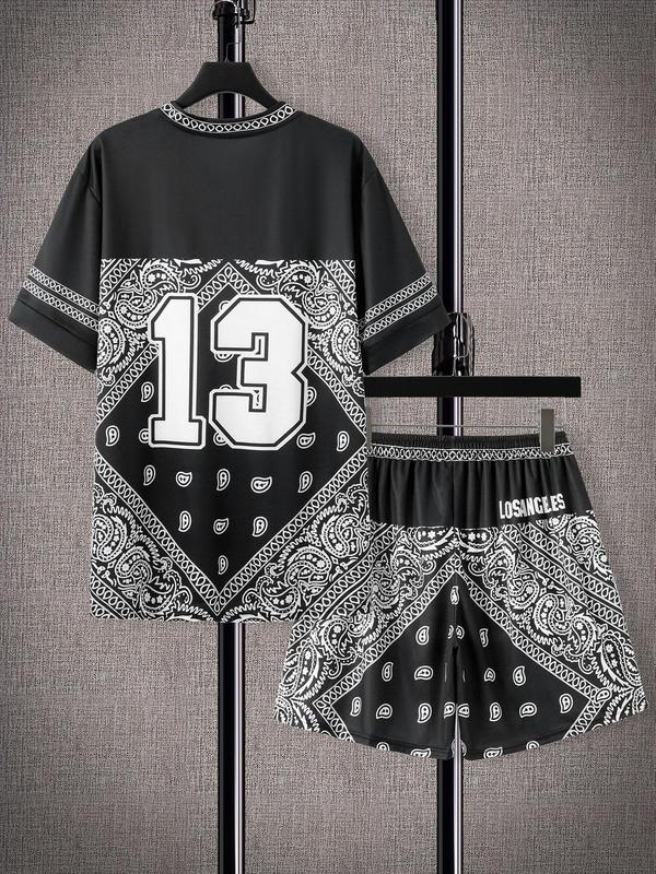 2 Piece Set Men's Letter Print V Neck Tee & Pocket Drawstring Waist Shorts Set, Casual Loose Short Sleeve T-shirt & Shorts, Two-piece Outfits For Summer Outdoor Wear 1