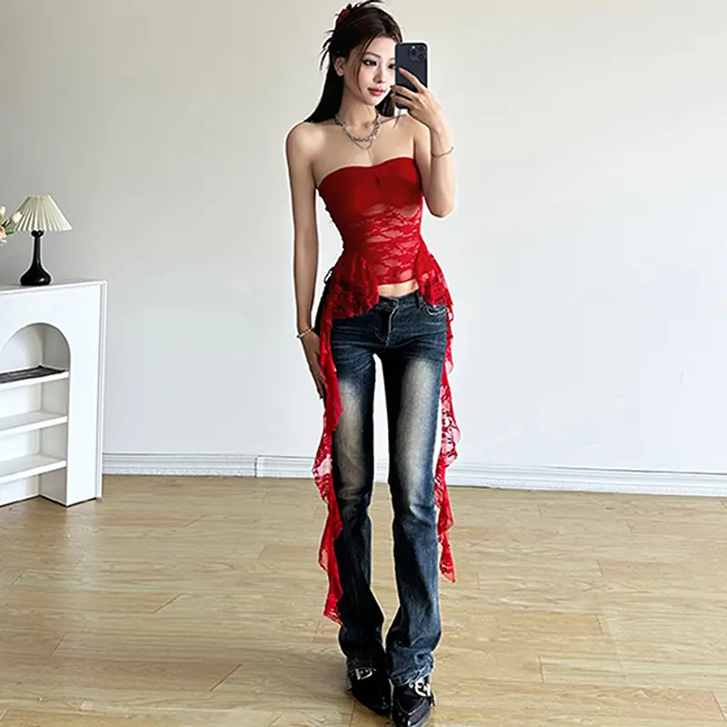 Áo Ống Ren Hở Eo, Dành Cho Nữ, Trang Phục Mùa Hè, Xếp Nếp Và Tua Rua, Áo Ba Lỗ Băng Quấn Xuyên thấu Áo Sơ Mi Hở Lưng, Thích Hợp Cho Thời Trang Đường Phố, Quần Áo Thẩm Mỹ Women Top