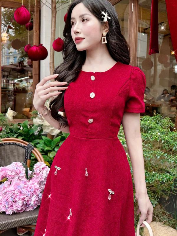 V5562 SẴN/GIAO NGAY VÁY ĐẦM ĐỎ ĐI TIỆC, VÁY NỮ XINH DÁNG MIDI ĐÍNH HẠT DRESS/WOMEN Nhung Voi 8