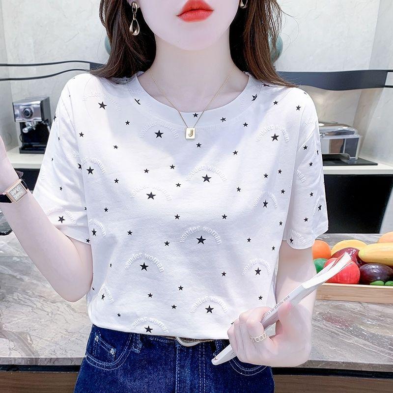 Áo Thun Trắng Cổ Điển Cho Nữ, Áo Ngắn Tay Cổ Tròn Mới, Thiết Kế Tối Giản In Họa Tiết, Quần Áo Mùa Hè Top Women 1