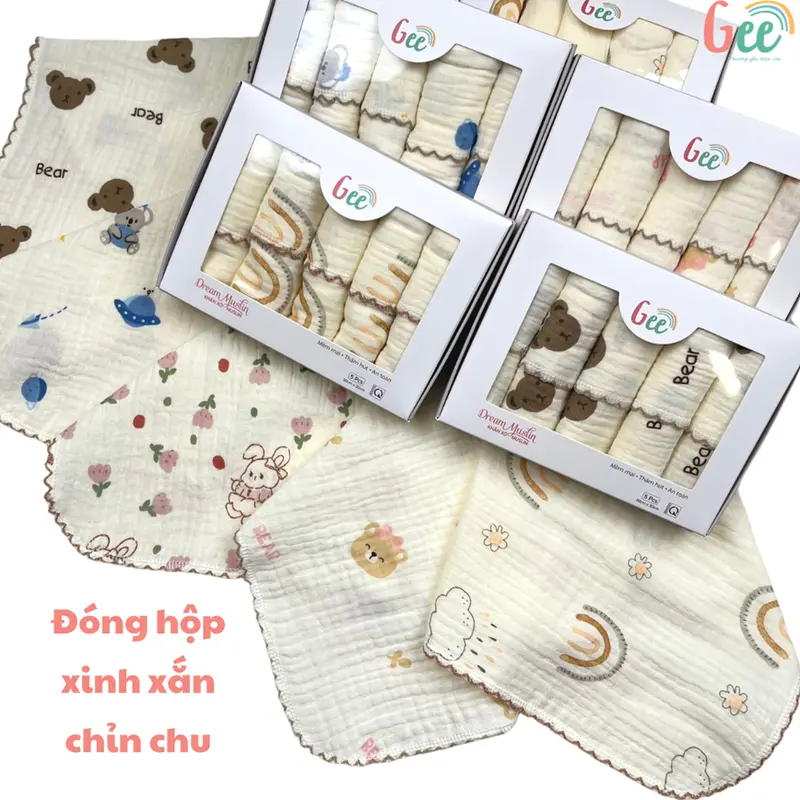 Khăn sữa muslin Gee, set 5 khăn xô mềm mịn mát, thấm hút, an toàn cho bé, họa tiết dễ thương, vải cotton 2 lớp, 30x30cm 2