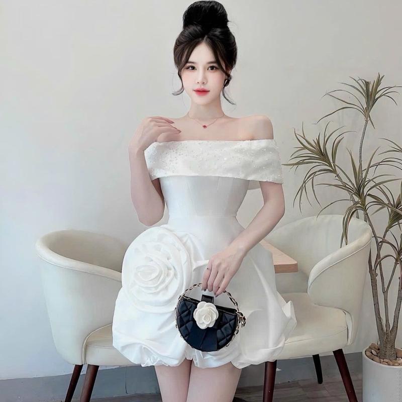 Váy Đầm Thiết Kế Đi Tiệc KB511 Trễ Vai Tafta Dáng Ngắn Nhún Phồng Đính Hoa Sang Trọng Cao Cấp - Kinh Bắc Trends