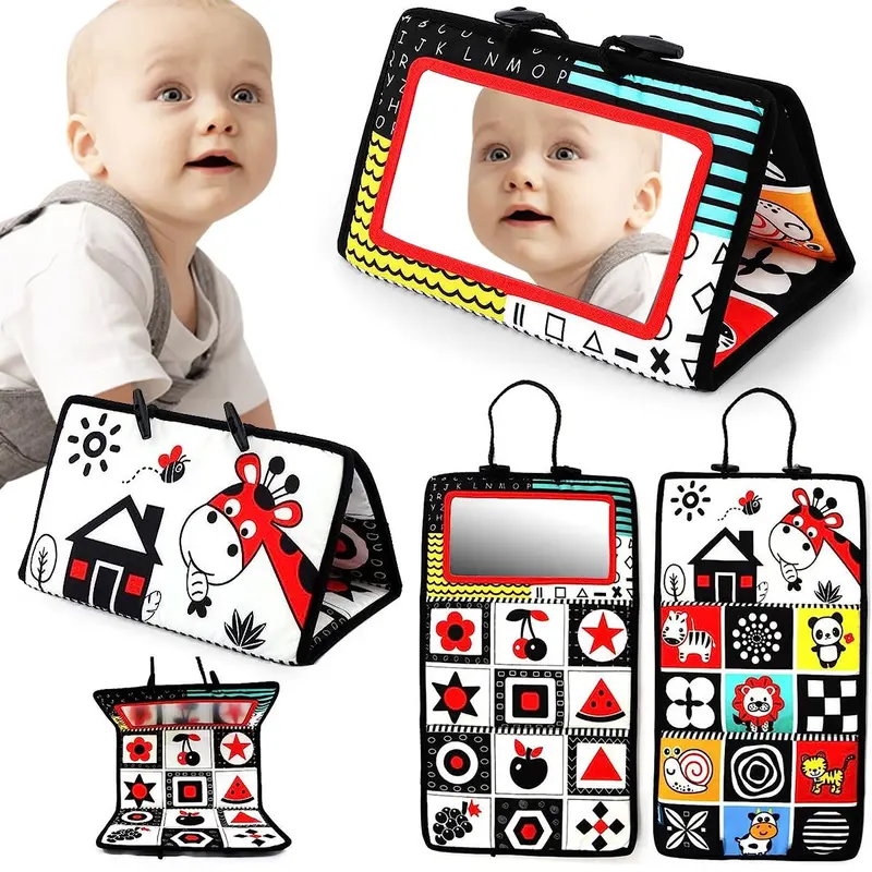 Foldable Floor Mirror Toys with Teethers for Sensory Montessori Development Crawl Toys High Contrast Toy (Not Sold in Combination), Back to School, Thanksgiving, Chrismats Gift Set 2