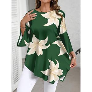 Baju Atasan Skirt Asimetri, Corak Bunga Hijau Elegan, Gaya Kasual, Longgar jual tshirt lengan suku
