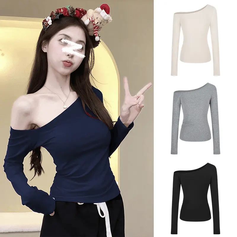 Áo Phông Ôm Sát, Phong Cách Cô Gái Nóng Bỏng Thuần Khiết, Trễ Vai, Dài Tay, Quần Áo Nữ, Thiết Kế Đầu Thu, Áo Lớp Nền Dễ Phối Đồ Thích Hợp Cho Học Sinh, Áo Top Women